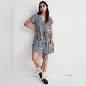 Madewell Cuff-Sleeve Button-Front Tiered Mini Dress
